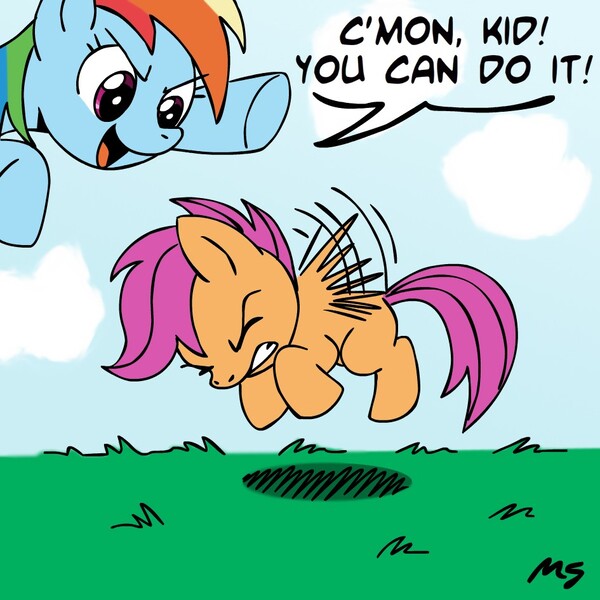 Size: 945x945 | Tagged: safe, artist:megasweet, derpibooru import, rainbow dash, scootaloo, pegasus, pony, duo, duo female, encouragement, female, filly, flying, flying lesson, gritted teeth, mare, scootaloo can fly, scootaloo can't fly