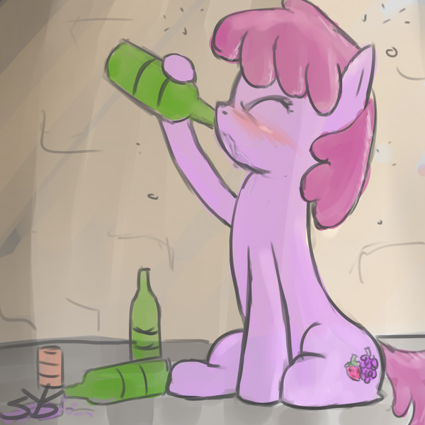 Size: 900x900 | Tagged: dead source, safe, artist:speccysy, derpibooru import, berry punch, berryshine, earth pony, pony, blushing, bottle, drinking, drunk, eyes closed, female, mare, sitting, solo