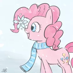 Size: 900x900 | Tagged: safe, artist:speccysy, derpibooru import, pinkie pie, earth pony, pony, clothes, female, happy, mare, profile, scarf, smiling, snow, snowfall, snowflake, solo