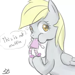 Size: 900x900 | Tagged: safe, artist:speccysy, derpibooru import, derpy hooves, pegasus, pony, doll, eating, female, mare, solo, thought bubble