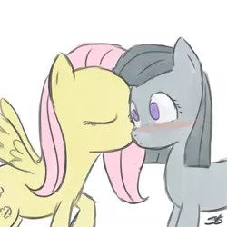 Size: 900x900 | Tagged: safe, artist:speccysy, derpibooru import, fluttershy, marble pie, earth pony, pegasus, pony, blushing, female, kiss on the cheek, kissing, lesbian, marbleshy, mare, shipping, wide eyes