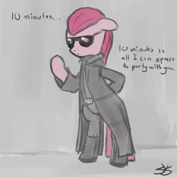 Size: 900x900 | Tagged: safe, artist:speccysy, derpibooru import, pinkie pie, earth pony, pony, albert wesker, bipedal, clothes, cosplay, costume, crossover, female, floppy ears, mare, pinkamena diane pie, resident evil, resident evil 5, solo, sunglasses