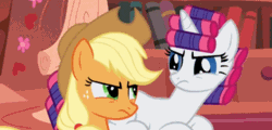 Size: 500x240 | Tagged: safe, derpibooru import, screencap, applejack, rarity, earth pony, pony, unicorn, look before you sleep, animated, female, gif, golden oaks library, hair curlers, looking at each other, mare, prone, tsundere, tsunderity, tsunjack