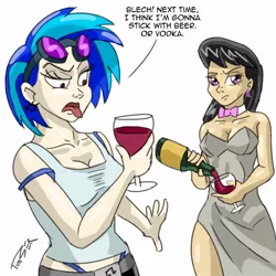 Size: 1000x1000 | Tagged: dead source, safe, artist:pluckyninja, derpibooru import, octavia melody, vinyl scratch, human, alcohol, bottle, bowtie, breasts, busty octavia, busty vinyl scratch, cheap, cleavage, clothes, dialogue, disgusted, duo, duo female, female, glass, glasses, goggles, humanized, open mouth, photoshop, red eyes, side slit, simple background, tongue out, white background, wine