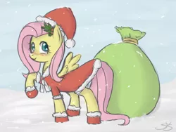 Size: 900x675 | Tagged: dead source, safe, artist:speccysy, derpibooru import, fluttershy, pegasus, pony, boots, christmas, clothes, costume, female, hat, holiday, holly, mare, raised hoof, sack, santa costume, santa hat, santa sack, snow, snowfall, solo