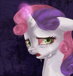 Size: 550x575 | Tagged: dead source, safe, artist:nyonhyon, derpibooru import, sweetie belle, pony, unicorn, abstract background, crying, female, filly, floppy ears, sad, solo