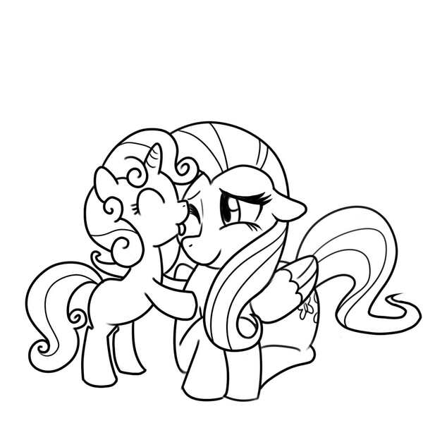 Size: 1000x1000 | Tagged: safe, artist:madmax, derpibooru import, fluttershy, sweetie belle, pegasus, pony, unicorn, behaving like a dog, bipedal, bipedal leaning, duo, duo female, female, filly, leaning, licking, mare, monochrome, prone