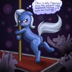 Size: 1000x1000 | Tagged: dead source, suggestive, artist:pluckyninja, derpibooru import, trixie, pony, unicorn, angry, blushing, butt, buttcrack, dialogue, female, male, mare, photoshop, plot, pole dancing, sexy, sinfully sexy, stage, stallion, stripper, stripper pole, stripsie, the great and powerful ass, underhoof, we don't normally wear clothes, wingboner
