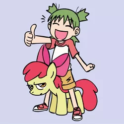 Size: 945x945 | Tagged: safe, artist:megasweet, derpibooru import, apple bloom, earth pony, human, pony, annoyed, crossover, duo, female, filly, happy, koiwai yotsuba, simple background, thumbs up, yotsuba