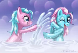 Size: 1468x1000 | Tagged: dead source, safe, artist:pluckyninja, derpibooru import, aloe, lotus blossom, earth pony, pony, bath, duo, duo female, female, mare, photoshop, playing, sisters, spa twins, twins, water, wet mane