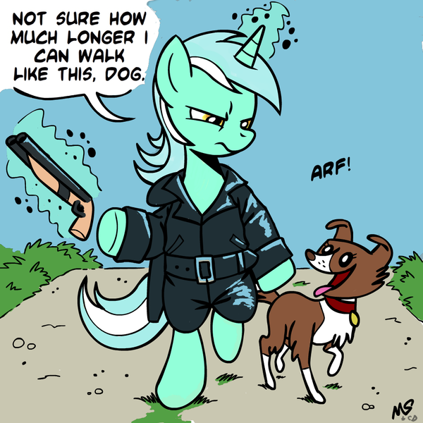 Size: 945x945 | Tagged: safe, artist:megasweet, derpibooru import, lyra heartstrings, winona, pony, unicorn, bipedal, clothes, crossover, duo, female, gun, human behavior, mad max, mare, pet, shotgun, the road warrior, walking, weapon