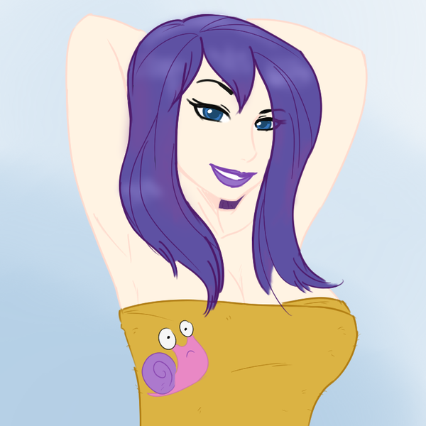 Size: 756x756 | Tagged: arm behind head, armpits, artist:deeriojim, artist:megasweet, breasts, busty rarity, cleavage, derpibooru import, female, human, humanized, questionable, rarity, sexy, simple background, snails, solo, solo female, wet hair, wet hairity