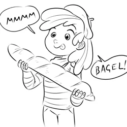 Size: 756x756 | Tagged: safe, artist:megasweet, derpibooru import, apple bloom, human, baguette, beret, bread, female, food, french, hat, humanized, monochrome, solo, tongue out