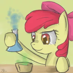 Size: 900x900 | Tagged: safe, artist:speccysy, derpibooru import, apple bloom, earth pony, pony, bow, chemistry, erlenmeyer flask, female, hair bow, mare, smiling, solo