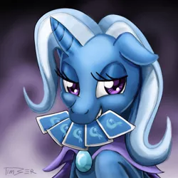 Size: 1080x1080 | Tagged: dead source, safe, artist:pluckyninja, derpibooru import, trixie, pony, unicorn, abstract background, bust, card, female, floppy ears, grin, mare, mouth hold, photoshop, smiling, solo
