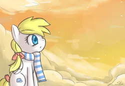 Size: 900x623 | Tagged: safe, artist:speccysy, derpibooru import, oc, oc:cloudia, unofficial characters only, pegasus, pony, bow, clothes, cloud, cloudy, female, hair bow, lens flare, mare, on a cloud, scarf, sitting, sky, solo, tail bow