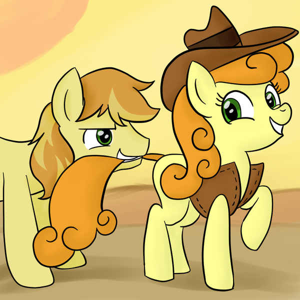 Size: 945x945 | Tagged: safe, artist:megasweet, artist:rustydooks, derpibooru import, braeburn, carrot top, golden harvest, earth pony, pony, abstract background, accessory swap, carrotburn, female, male, mare, shipping, smiling, stallion, straight, tail, tail pull