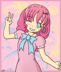 Size: 599x711 | Tagged: abstract background, artist:speccysy, clothes, derpibooru import, dress, female, grin, human, humanized, one eye closed, pinkie pie, safe, smiling, solo, young