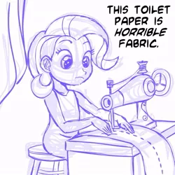 Size: 945x945 | Tagged: artist:megasweet, derpibooru import, female, human, humanized, monochrome, rarity, safe, sewing machine, sitting, sketch, solo, toilet paper, young