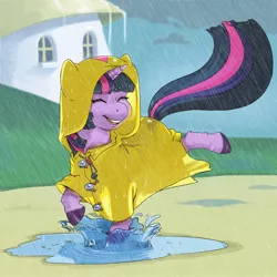 Size: 2498x2498 | Tagged: safe, artist:kevinsano, derpibooru import, twilight sparkle, pony, unicorn, clothes, cute, eyes closed, featured image, female, happy, high res, hippo snout, image, jpeg, mare, photoshop, puddle, rain, raincoat, smiling, solo, splash, unicorn twilight