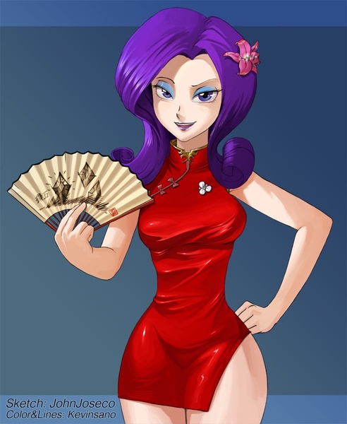 Size: 900x1098 | Tagged: safe, artist:johnjoseco, artist:kevinsano, derpibooru import, rarity, human, abstract background, breasts, busty rarity, cheongsam, clothes, curvy, dress, fan, female, hand fan, humanized, minidress, photoshop, red dress, side slit, skinny, solo, vacuum sealed clothing, wide hips