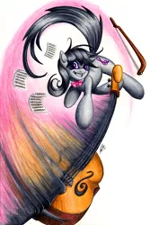 Size: 900x1347 | Tagged: safe, artist:lavosvsbahamut, derpibooru import, octavia melody, earth pony, pony, action pose, angry, bow, cello, colored pencil drawing, coloured pencil, combat, female, fight, gel pen, jumping, mare, melee weapon, musical instrument, pencil, photoshop elements, sheet, sheet music, simple background, smiling, solo, swing, swinging, traditional art, watercolor painting, watercolour, weapon, white background
