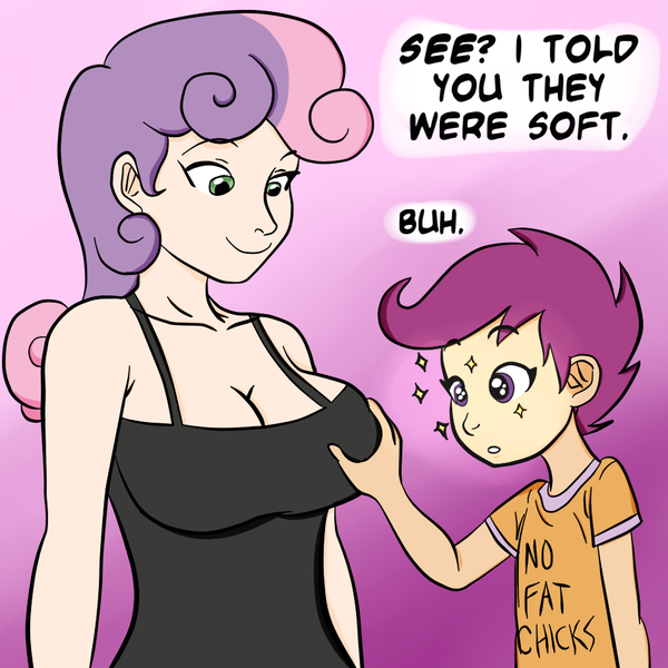 Size: 945x945 | Tagged: safe, artist:megasweet, artist:samoyena, derpibooru import, scootaloo, sweetie belle, human, adult, age difference, breast fondling, breast grab, breasts, busty sweetie belle, cleavage, clothes, dress, female, females only, grope, humanized, image, no fat chicks, older, png