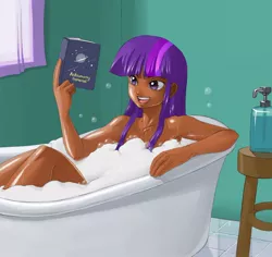 Size: 1280x1207 | Tagged: suggestive, artist:johnjoseco, artist:kevinsano, derpibooru import, twilight sparkle, human, armpits, bath, bathroom, book, bubble, bubble bath, casual nudity, colored, dark skin, female, godiva hair, humanized, nudity, on back, open mouth, photoshop, reading, smiling, soap, solo, strategically covered, that pony sure does love books, wet