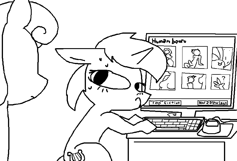 Size: 880x600 | Tagged: questionable, artist:the weaver, derpibooru import, bon bon, lyra heartstrings, sweetie drops, earth pony, human, pony, unicorn, caught, computer, duo, female, human fetish, human penis, humanbooru, humie, lyra doing lyra things, mare, monochrome, nudity, penis, simple background, sweat, white background