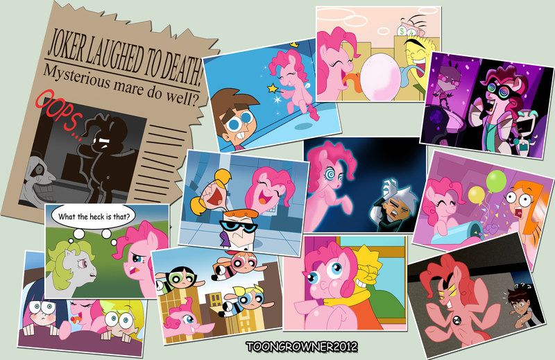 Size: 3779x2453 | Tagged: safe, artist:toongrowner, derpibooru import, mare do well, pinkie pie, surprise, earth pony, pony, g1, anarchy panty, anarchy stocking, batman, batman the animated series, ben 10, ben tennyson, blossom (powerpuff girls), bubbles (powerpuff girls), buttercup (powerpuff girls), candace flynn, crossover, crossover nexus, danny phantom, dee dee, dexter, dexter's laboratory, dimensional shenanigans, dr. insano, ed, ed edd n eddy, eddy, female, four arms, gir, high res, hilarious in hindsight, image, invader zim, lisa simpson, mare, mass crossover, multiverse, newspaper, panty and stocking with garterbelt, party cannon, phineas and ferb, photo, png, the fairly oddparents, the joker, the powerpuff girls, the simpsons, the spoony experiment, timmy turner, zim