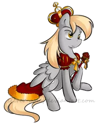 Size: 516x630 | Tagged: safe, artist:secret-pony, derpibooru import, derpy hooves, pegasus, pony, crown, female, mare, muffin queen, queen, scepter, simple background, sitting, solo, transparent background