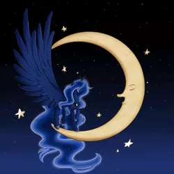 Size: 1200x1200 | Tagged: safe, artist:secret-pony, derpibooru import, princess luna, alicorn, pony, female, hair over one eye, large wings, mare, moon, night, sky, solo, stars, tangible heavenly object