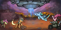 Size: 1280x629 | Tagged: safe, artist:vapgames, derpibooru import, apple bloom, applejack, pinkie pie, rainbow dash, earth pony, pegasus, pony, crossover, female, filly, imminent death, kamikaze, mare, metal slug, sv-001, ufo, ufo mothership