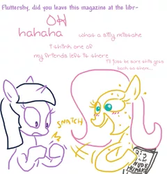 Size: 539x562 | Tagged: suggestive, artist:the weaver, derpibooru import, fluttershy, twilight sparkle, pegasus, pony, unicorn, blushing, caught, dialogue, duo, duo female, embarrassed, female, flutterstalker, human fetish, magazine, mare, porn, simple background, sweat, white background