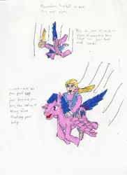 Size: 744x1023 | Tagged: safe, artist:zeldatheswordsman, derpibooru import, firefly, megan williams, human, pegasus, pony, duo, female, flying, g1, humans riding ponies, mare, meganfly, riding, simple background, traditional art