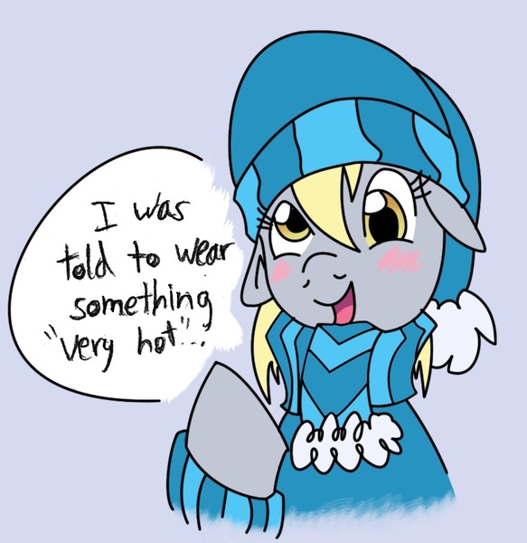 Size: 777x800 | Tagged: safe, artist:elosande, derpibooru import, derpy hooves, pegasus, pony, blushing, cap, clothes, female, floppy ears, hat, mare, scarf, solo