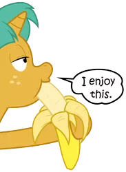 Size: 3650x5000 | Tagged: safe, artist:megasweet, artist:zutheskunk traces, derpibooru import, snails, pony, unicorn, banana, colt, eating, implied, lidded eyes, male, simple background, solo, speech bubble, transparent background, vector, vector trace