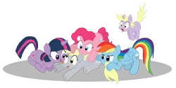 Size: 1090x550 | Tagged: safe, artist:shutterflye, derpibooru import, derpy hooves, dinky hooves, pinkie pie, rainbow dash, twilight sparkle, earth pony, pegasus, pony, unicorn, cannibalism, female, filly, licking, mare, simple background, transparent background