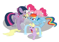 Size: 1100x800 | Tagged: suggestive, artist:shutterflye, derpibooru import, derpy hooves, dinky hooves, pinkie pie, rainbow dash, twilight sparkle, earth pony, pegasus, pony, unicorn, biting, blushing, cannibalism, crying, female, filly, imminent vore, licking, mare, ocular gushers, on back, twipred