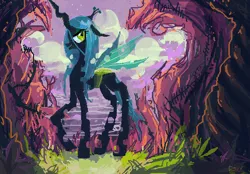 Size: 484x336 | Tagged: dead source, safe, artist:dsus4, derpibooru import, queen chrysalis, changeling, changeling queen, female, floppy ears, forest, image, lidded eyes, lowres, open mouth, png, profile, raised hoof, scenery, signature, small resolution, solo, standing, tree
