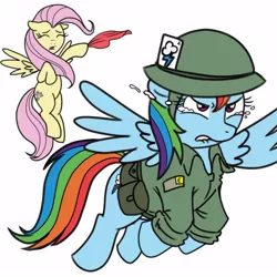 Size: 1000x1000 | Tagged: safe, artist:madmax, derpibooru import, fluttershy, rainbow dash, pegasus, pony, clothes, crying, duo, duo female, farewell, female, flying, handkerchief, helmet, lip bite, mare, parting, simple background, soldier, spread wings, teary eyes, uniform, war, white background, wings