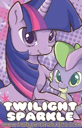 Size: 418x650 | Tagged: safe, artist:mooglegurl, derpibooru import, spike, twilight sparkle, dragon, pony, unicorn, abstract background, duo, female, male, mare