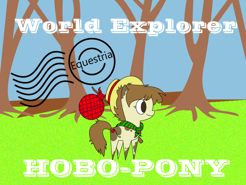 Size: 800x600 | Tagged: safe, artist:cogweaver, derpibooru import, oc, unofficial characters only, earth pony, pony, bindle, female, hobo pony, mare, no pupils, pointy ponies, postcard, solo, tree