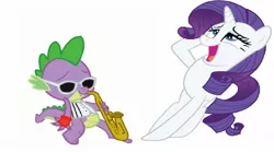 Size: 1222x680 | Tagged: safe, derpibooru import, rarity, spike, dragon, pony, unicorn, clothes, epic sax spike, female, male, mare, musical instrument, saxophone, shipping, simple background, sparity, straight, sunglasses, vest, white background