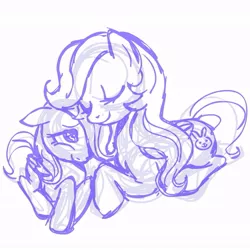 Size: 945x945 | Tagged: safe, artist:megasweet, derpibooru import, fluttershy, pegasus, pony, family, female, filly, foal, mare, monochrome, mother, mother and daughter, nuzzling, prone, sketch, smiling