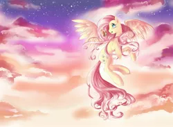 Size: 2600x1900 | Tagged: safe, artist:dream--chan, derpibooru import, fluttershy, butterfly, pegasus, pony, female, flying, head turn, looking at something, looking back, mare, profile, sky, solo, spread wings