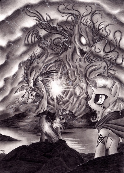 Size: 900x1253 | Tagged: safe, artist:lavosvsbahamut, derpibooru import, rainbow dash, trixie, twilight sparkle, pegasus, pony, unicorn, 228, elder sign, eldritch abomination, element of destruction, female, get, grayscale, index get, mare, monochrome, photoshop elements, tattoo, trio, trio female