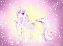 Size: 2600x1900 | Tagged: safe, artist:dream--chan, derpibooru import, fleur-de-lis, pony, unicorn, abstract background, backlighting, female, frown, mare, raised hoof, solo