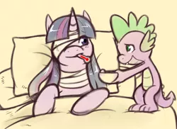 Size: 742x539 | Tagged: safe, artist:redintravenous, derpibooru import, spike, twilight sparkle, dragon, pony, unicorn, bandage, bed, bowl, duo, female, food, male, mare, on back, pillow, smiling, soup, thermometer