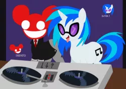 Size: 800x562 | Tagged: artist needed, safe, derpibooru import, vinyl scratch, ponified, pony, unicorn, deadmau5, duo, female, mare, tongue out, turntable